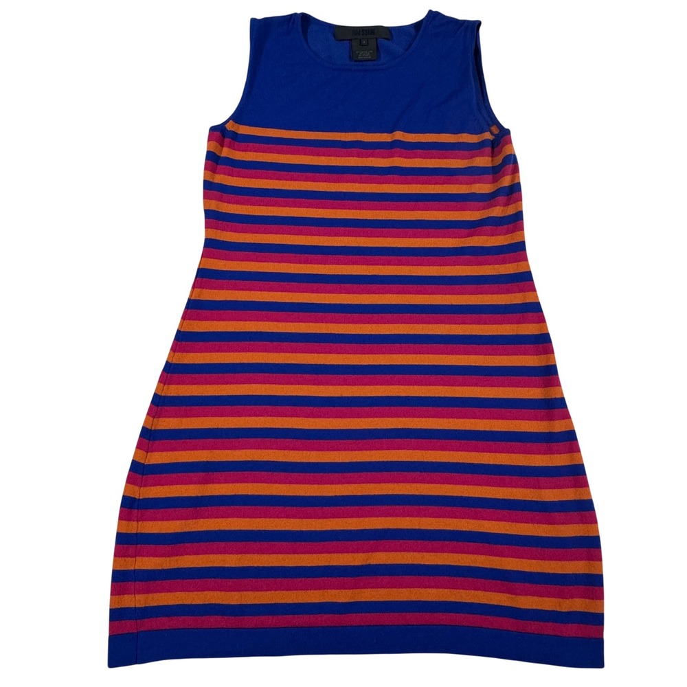 Miss Wu Merino‎ Wool Blend Striped Sleeveless Knit Dress Blue Orange Women's S